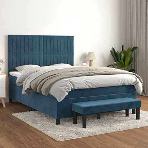 Qnhdfrt Boxspringbett Samt Dunkelblau 140x200 cm mit Kopfteil, Taschenfederkernmatratze & Bettbank, 203x144x118/128 cm, Modernes Design für Schlafzimmer und Gästezimmer