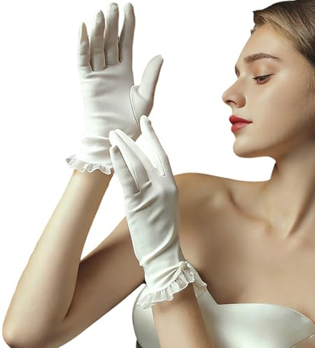 CAZSTYK Abendkleid-Handschuhe für Damen, Vollfinger-Handschuhe, Bälle, 1920er-Jahre, Brauthandschuhe, Rüschen, weiße Schleife