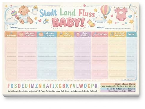 Stadt Land Fluss „Baby-Edition“: Das ultimative Babyparty-Spiel | 50 Blatt Quiz-Action für die Baby Shower | Praktisches DIN A5 Format
