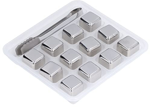 12Pcs Whiskey Stones with Tongs and Storage Box, Reusable Stainless Steel Beverage Chilling Cubes for Whiskey, Wine, Coffee, Non - Diluting Ice Alternative for Home Bar