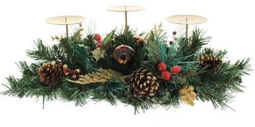 WeRChristmas 52 cm Berries/Pine Cone/Leaves Decorated Table Centre Piece with 3-Pillar Candle Holder Christmas Decoration, Red/Gold