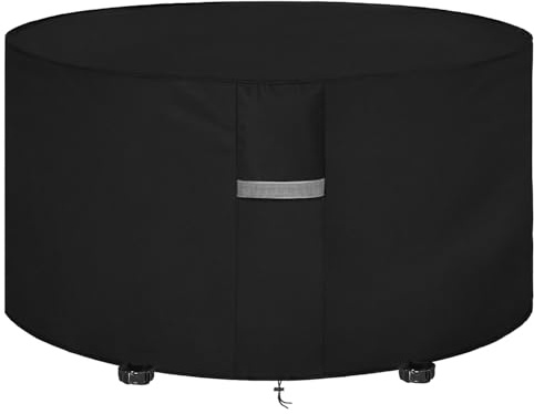 Dokon Gartenmöbel Abdeckung Wetterfest, Abdeckplane für Gartentisch Rund | Robustes Oxford, Wasserdicht Beschichtet, Winddichte Gurte, Kordelzug, Verdeckte Lüftung, UV-Schutz, Rund 128x71cm, Schwarz