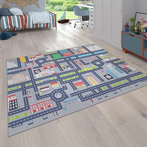 Paco Home Spielteppich Kinderteppich Kinderzimmer Straßenteppich Auto Straßen Motiv rutschfest Grau, Grösse:160x220 cm