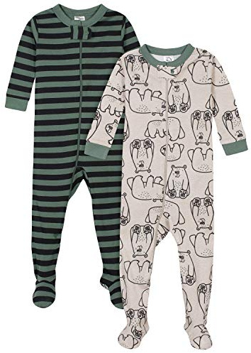 Gerber Baby Boys 2-Pack Footed Pajamas, Bear Green Stripes White, 18 Months