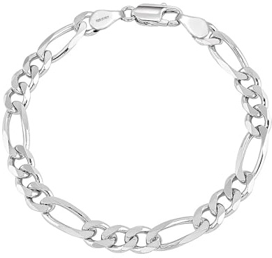 LeCalla Solid 925 Sterling Silver Figaro Link Chain Bracelet | Italian Diamond-Cut Figaro Chain Bracelet for Women Men, Made in Italy (7, 7.5, 8, 8.5, 9 Inches)