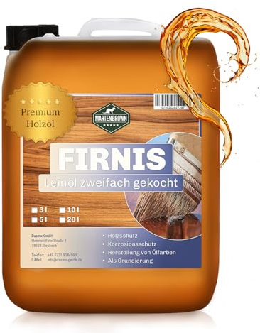 Martenbrown® Barniz de aceite de linaza en bidón de 20 l, aceite de madera premium cocido 2 veces, ideal para interior y exterior, protección natural para todos los tipos de madera, ideal para muebles