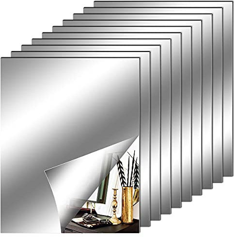Fantasyon 10 Pieces Flexible Mirror Sheets, Self Adhesive Decorative Plastic Mirror Tiles Non-Glass Mirror Stickers for School Educational and Home Wall Decor (8x10 Inch)