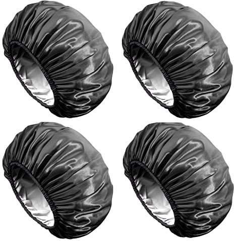 Aquior Shower Cap, Extra Large Shower Cap for Men, Satin EVA Double Layer Waterproof Reusable Hair Cap for Women Long Hair(All Black 4 Pack)