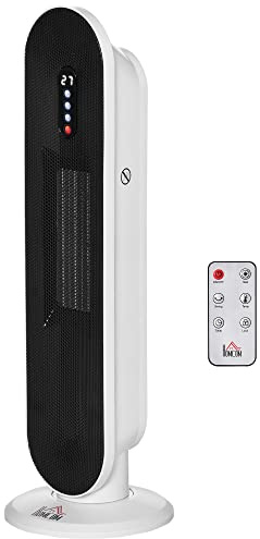 HOMCOM Calefactor Cerámico de Torre 1200W/2000W PTC 20 m² Blanco y Negro | Mando a Distancia, Termostato, Temporizador de 24H, Oscilación 45°, Sistema Antivuelco, para Sala
