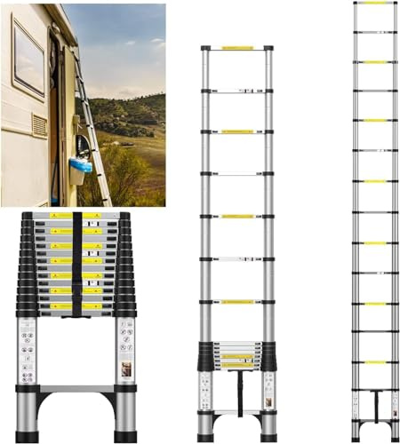 FEETE 14.5FT Telescoping Ladder, Lightweight Multi-Purpose Aluminum Extension Ladder with Triangle Stabilizers and Non-Slip Feet, Retractable Extendable Ladder for RV, Roof and Outdoor Work Silvery