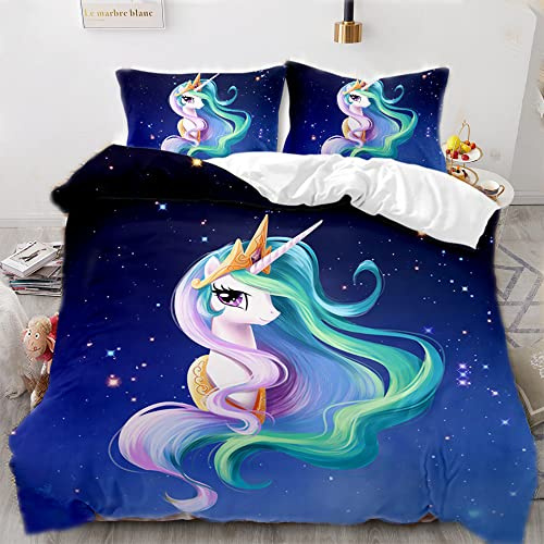 AOXHFNV Rosa Einhorn Bettbezug,Süßes Einhorn Wimpern Mädchen Kinder Bettwäsche135×200cm,Einhorn-Motiv Bettwäsche mit 2 Kissenbezügen (135×200cm, Blau)