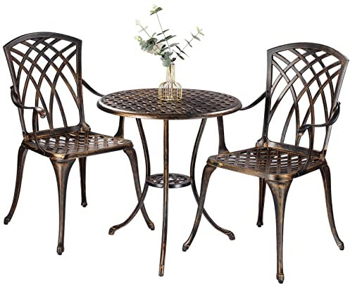 ZOTORUN Bistro-Set, 3-teilig, rostfrei, Aluminiumguss, 2 Sessel und 1 runder Tisch mit Schirmloch für den Außenbereich, Garten, Terrasse, Balkon, Bronze (Sessel)