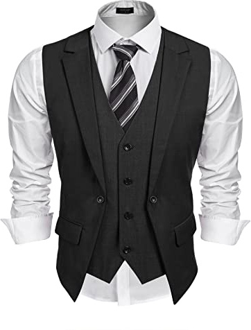 COOFANDY Men's Layered Suit Vest Business Dress Vests Formal Wedding Waistcoat Slim Fit Pure Black