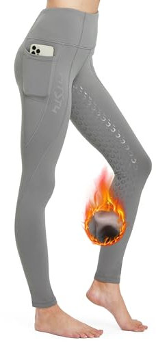 FitsT4 Sports Damen Winterreitleggings Silikon Vollbesatzreithose mit Fleecefutter mit Handytasche und Gürtelschlaufen,Grau,M