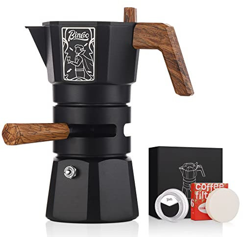 Bincoo 2 Cups Stovetop Espresso Maker Double Valve Moka Pot with Thermostat Extractor,Italian Espresso Moka Pot with Powder Dispenser and Filter Paper for Home（Black）