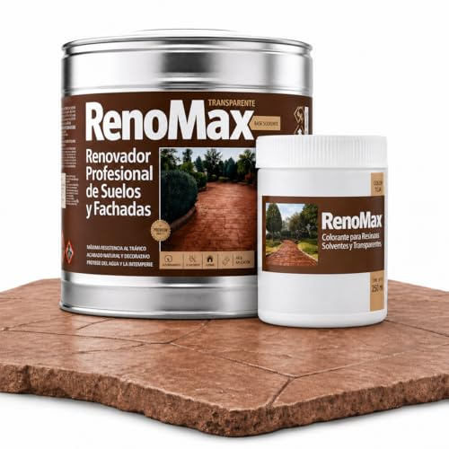 Renomax - Resina Hormigon Impreso y Superficies Porosas Al Disolvente + Tinte Hormigon Impreso Color Teja, 2L Cubre hasta 20m² | Repara y Protege Suelos,Fachadas | Fácil de Aplicar, Garantía 5 Años