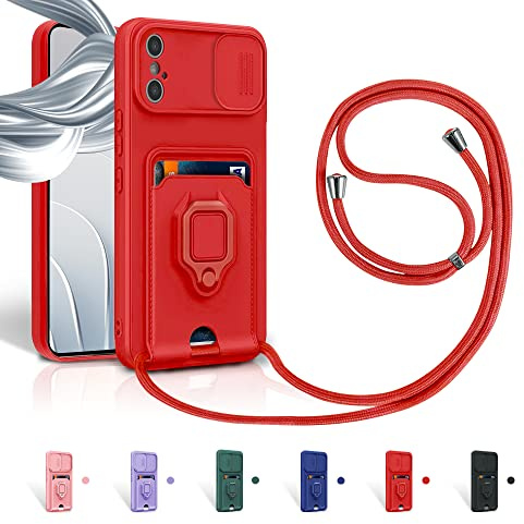 Aithne Case für iPhone X/iPhone XS Handykette Hüll,Slide kameraschutz,Silikon Handyhülle zum Umhängen Kette,360 Grad Ringhalter Stand Kartenfach-Rot