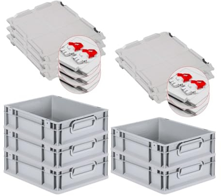 PROREGAL SuperSparSet 5x Eurobox NextGen Economy mit Scharnierdeckel & roten Verschlüssen | Griffe geschlossen | HxBxT 12x30x40cm | 11 Liter | Eurobehälter Transportbox Transportbehälter
