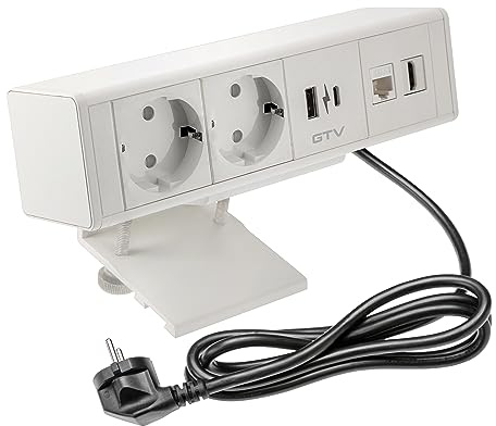GTV - Möbelsteckdose BAR, Mehrfachsteckdosen, 2X Schuko Steckdose, 1x USB A, 1x USB C, 1x RJ45 1x HDMI, Kabellänge 1,5m, Farbe Weiß, für Schreibtische, Tischplatte, Küchen und Büro
