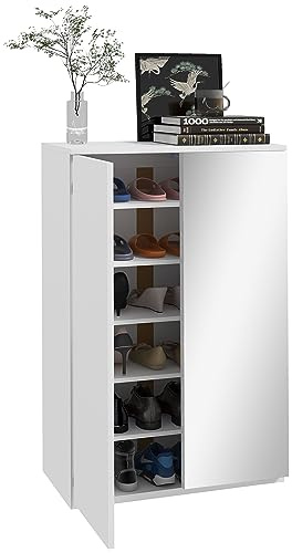 HOMCOM Mueble Zapatero con Espejo Armario Zapatero para 18 Pares de Zapatos con 5 Estantes Ajustables para Recibidor 60x32x95 cm Blanco