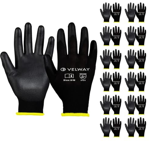 Velway Gants de Travail 12 Paires - Gants Resistant aux Abrasion - Revêtement en Polyester PU - Polyvalent Gants de Jardinage - Pour Mecanique Industrielle Logistique Assemblage - Noir Taille 8