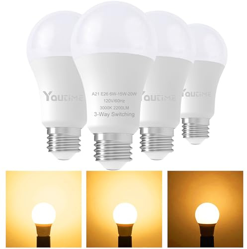 Youtime 3 Way Light Bulbs 50 100 150 Watt Equivalent Soft White A21, Incandescent Replacement,6/15/20w Energy Saving Safety Three Way Light Bulbs, 500 1600 2200 Lumens,Medium Base, 4Pack