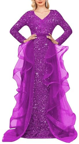 HPPEE Vestido de fiesta de tul de manga larga vestidos de baile hasta el suelo para invitados de boda vestidos de noche WYX496 fucsia UK26