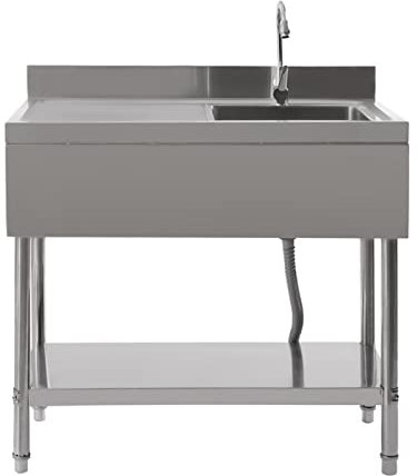 OUKANING Freistehende Edelstahlspüle 100x60x80cm, Edelstahl Multifunktionswaschtisch Spültisch Mit Regal, Tragfähigkeit 300kg, Einbauarbeitsplatte, 360° Gedreht Wasserhahn, Gewerbe/Haushalt