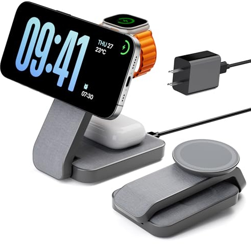 Eazpower 3 in 1 Foldable Wireless Charging Station for MagSafe, Nightstand Magnetic Charger Stand for iPhone 17 16 15 14 Pro Max, Travel Charging Dock with Night Light for Apple Watch/AirPods (Gray)