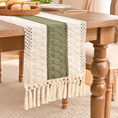 Aisybaklyn Tischläufer Grün Herbst Modern Boho Deko Table Runner Tischdecke Häkelspitze Tisch Läufer Vintage Tassel Tischlaufer für Urlaub Party Hochzeit Geburtstag Küche Tischdeko, 30x140cm