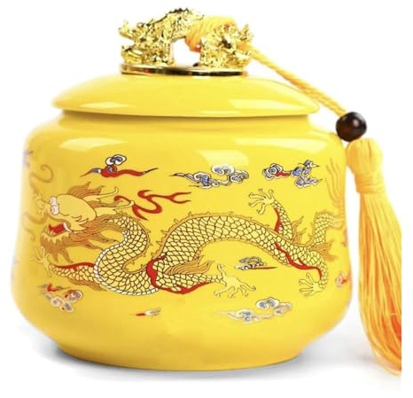 CROWEL Chinese Style Tea Caddy，Tea Caddy For Tea Bags，Design Of A Golden Dragon Sculpture With Tassel Rope,Yellow Twin Dragons Sealed Jar,Ceramic