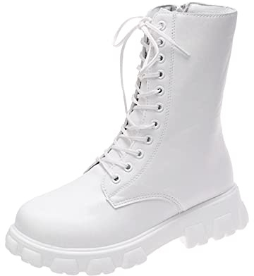 Combat Women's Ankle Boot with Heel Lace-Up Platform Leather Zip Slip-On Lace-Up Military Work Size 37-42, White, 38