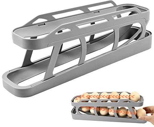 Yallmie 2 Tier Egg Storage Fridge, Eggs Holder Storage Egg Dispenser Fridge Roll Down Space-Saving Scrolling Rack/Box/Tray/Organiser/Container for Kitchen Refrigerator Table (Grey)