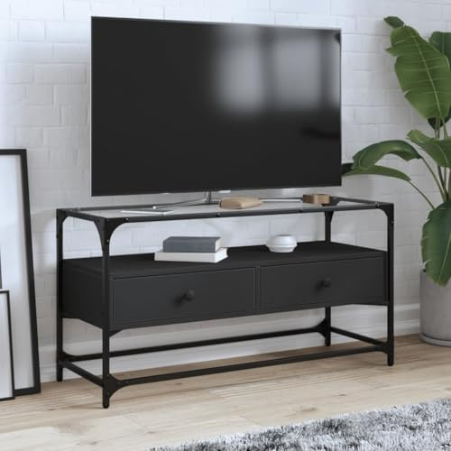 Rantry Mobile TV con Piano in Vetro Nero 98x35x51 cm Legno Multistrato, Tavolino per TV，Mobile Porta TV Soggiorno，Mobiletto Basso per TV da Salotto Industriale Supporto TV