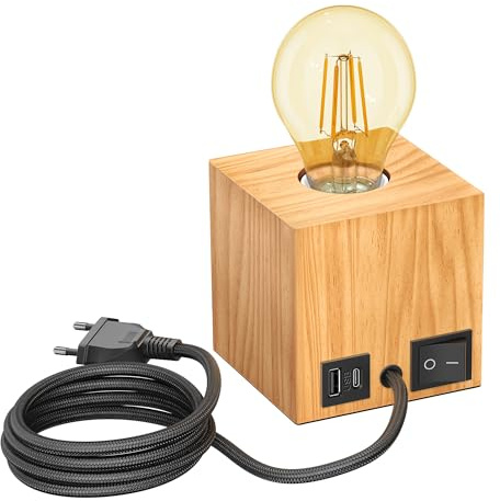 ledscom.de Tischlampe HITO, Holz massiv, eckig, USB, inkl. E27 Lampe gold, 471lm, extra-warmweiß