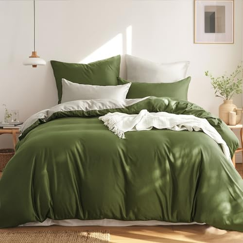 RUIKASI Bettwäsche 220x240 Baumwolle Grün - Olivegrün Bettwäsche-Sets 220x240cm 3teilig Wendebettwäsche 3tlg mit Reißverschluss, zweifarbige Bettbezug Set Grün und Beige Cotton