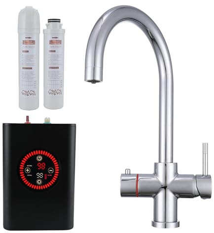 Yamataro 4 in 1 Küchenarmatur Kochendes Wasser Wasserhahn Sofort Heißwasserhahn Spender mit Kesseleinheit und Filter Massives Messing Hoher Bogen 360° Schwenkauslauf Temperatur Einstellbar WRAS