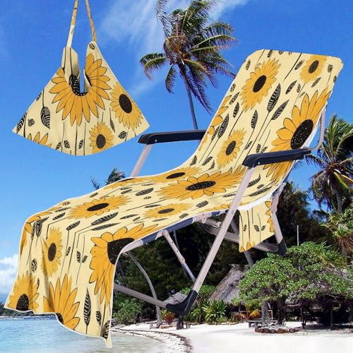 Treer Beach Chair Cover Towel, Pastoral Style Beach Towel, Portable Beach Sunbed Towels, Sun Lounger Towels with Pockets, Microfiber Towel for Beach Garden Vacation (Sunflower 2,75x210cm)