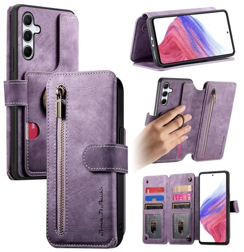 Trugox Zip Wallet Case for Samsung Galaxy A55 5G Phone Case with Ring Stand RFID Blocking Safe Card Holder Leather Purse Folio Book Folding Flip Case Cover Women Men - Purple