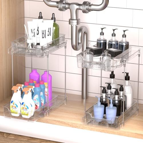 YOCOLE 2 Stück Unter Waschbecken Regal 2 Etagen, Herausziehbarer Spülschrankregal, Aufbewahrung Unter der Spüle mit 4 Haken und 1 Tasse, Under Sink Schrank Organizer für Badezimmer, Küchen,Transparent