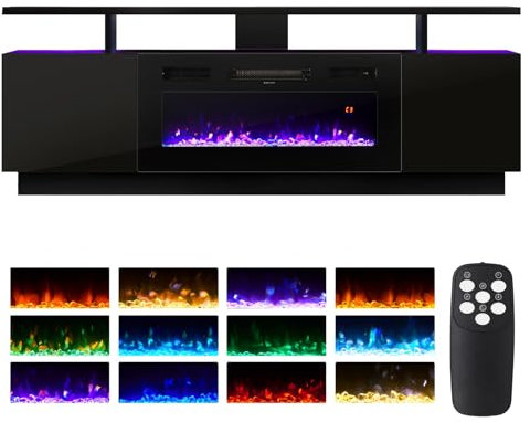 INMOZATA Electric Fire Insert TV Stand, 180cm Media Console Storage Table & 92cm Electric Fireplace with Remote Control, 12 LED Backlight, 12 Flame Colors, Adjustable Temperature, 900W&1800W-Black