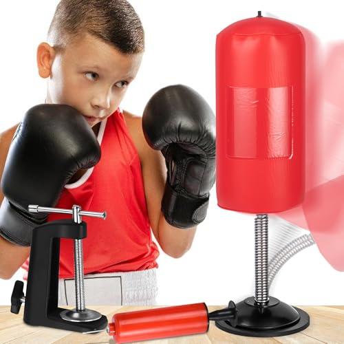 WIYETY Schreibtisch Desktop Boxsack Tisch Boxsack mit Starken Saugnäpfen und Tischklemme, Stressabbauender Büro l, Lustige Geschenke für Chef Kollegen (Rot)