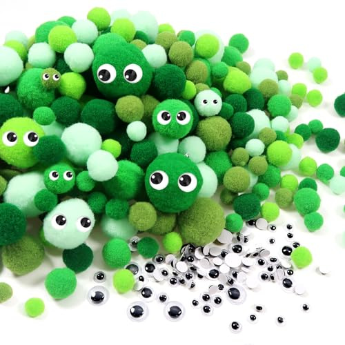 TOAOB 400 Stück Pompons zum Basteln 10 mm bis 30mm Grün Serie Set | Selbstklebend Wackelaugen, Hochelastische Bälle Kunst Bommel für Dekorieren, Verzieren Nähen DIY Lustige Kreativen Handwerk