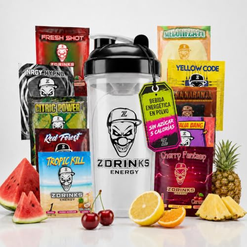 Z Drinks Energy Bebida Energética en Polvo Sin Azúcar - Pack Degustación 10 Sabores + Shaker de Regalo - Con Cafeína, Vitaminas y Minerales, Baja en Calorías - Energía Sin Crash para Gamers y Deporte