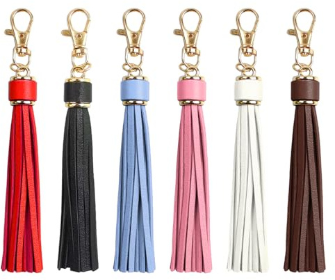 Nievajio Lot de 6 pendentifs en cuir synthétique avec anneau porte-clés, loisirs créatifs, fabrication de bijoux, pompons, clé de voiture, décoration pour femme, sac en cuir, porte-clés, accessoires