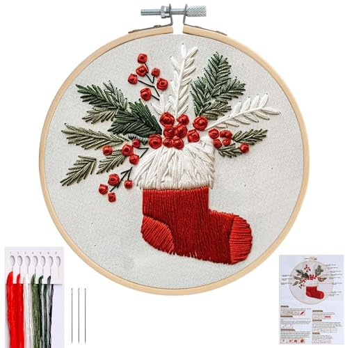 QEEYON Weihnachten Stickerei Set Erwachsene,Weihnachtenmuster Kreuzstich Stickset für Anfänger,Sticken-Rote Socken mit Stickrahmen,Farbfäden und Werkzeuge,für DIY Kunst