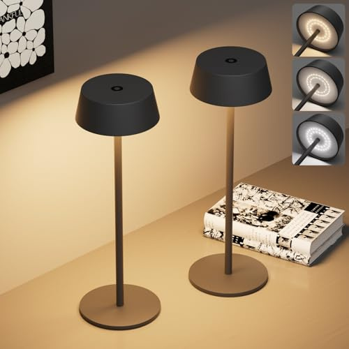 Klighten 2 Stück LED Dimmbare Akku Tischlampe Kabellos Touch Metall Aluminium Akkubetrieben Schwarz Tischlampe IP54 Wasserdichte Outdoor Tragbare Tischleuchte für innen/außen,3000K~6000K