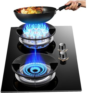 Portable Gas Stove,Tempered Glass Countertop,5.2KW 9-Cavities Cooktop 2 Burners,Round Prevent Skidding Pot Rack,with Flameout Protection(LPG)