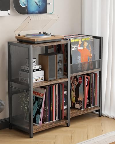 Ornestia Meuble Platine Vinyle Vintage, Support pour 200 Albums, 3 Niveaux Métal Étagère de Rangement Disques pour Salon, Noir