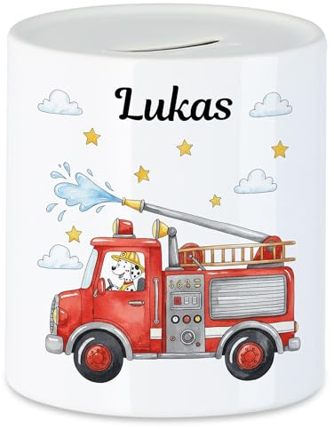 Kiddle-Design Spardose Kinder mit Namen Personalisiert, Feuerwehrauto Motiv Geschenk für Kinder Geburtstag, Weihnachten, Geburt und Taufe – Sparschwein, Geldgeschenk, Wunscherfüller